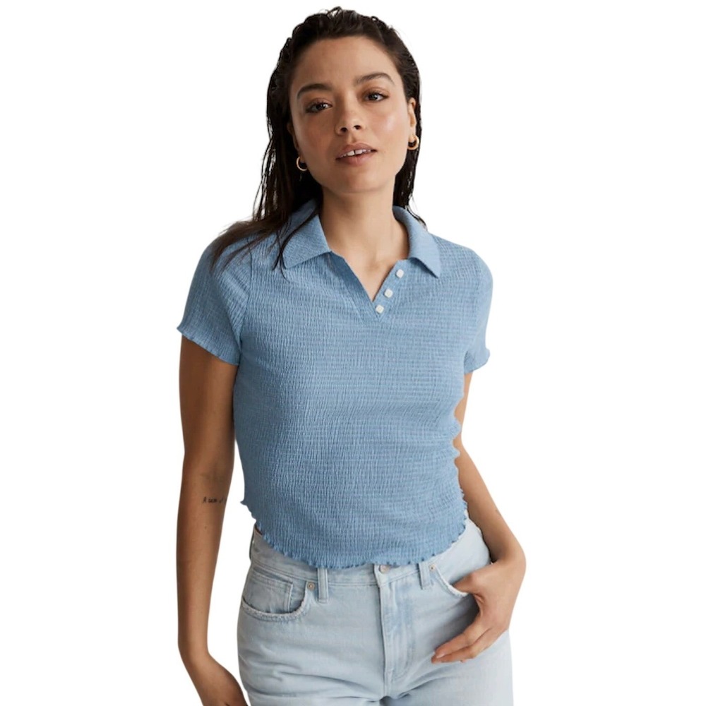 Madwell Blue Puckered Crinkle Short Sleeve Polo Shirt MEDIUM